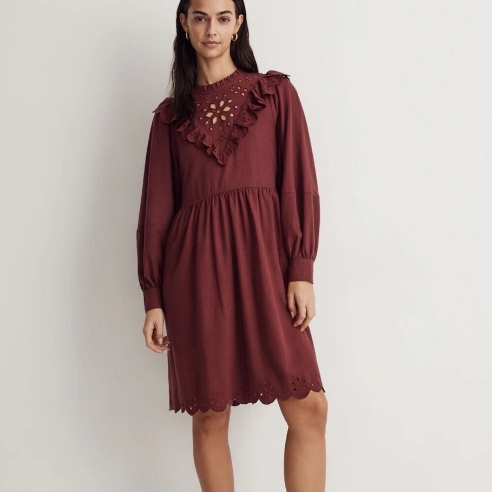Madewell Womens NI662 Mulberry‎ Embroidered Ruffled Flannel Mini Dress